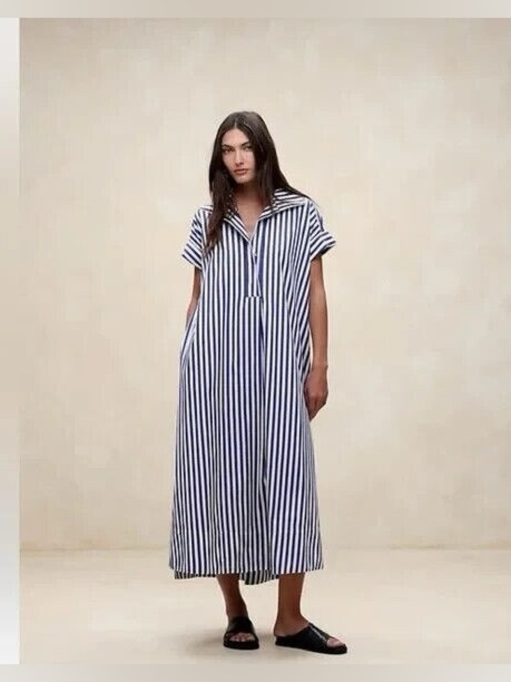Banana Republic Cruz Blue White Striped Cotton Poplin Maxi Shirt Dress XS/S